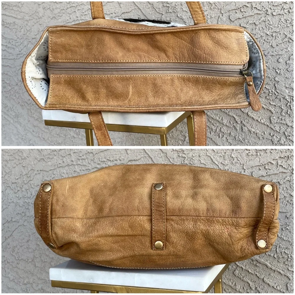 MYRA BAG Tan White Brown Cowhide Cow Print Calf Hair Genuine Leather Tote Bag
